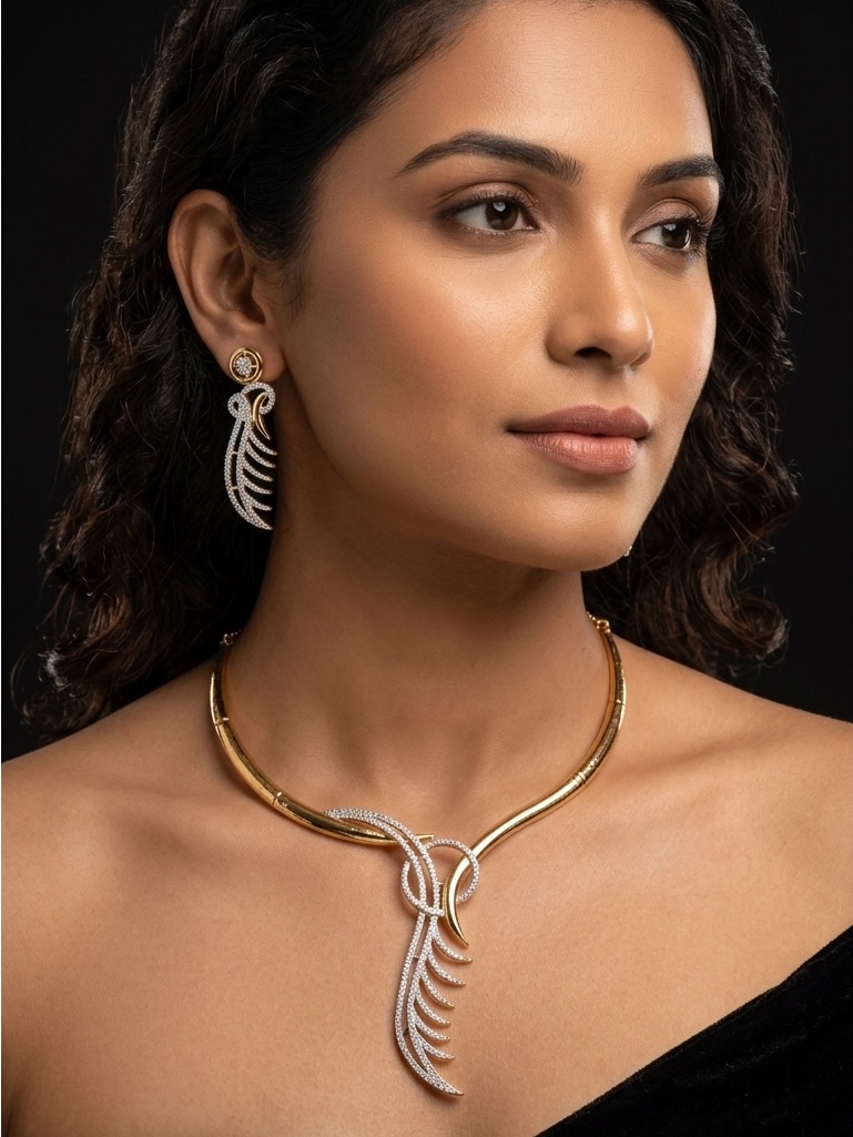 Two-Tone 18k Gold Plated American Diamond (Zirconia )Necklace Jewelry Set